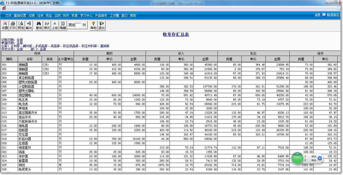 用友T3普及版收發存匯總表